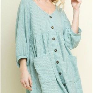 Umgee Waffle Knit Babydoll Dress Sz XL Relaxed Fit Dusty Blue Button Front